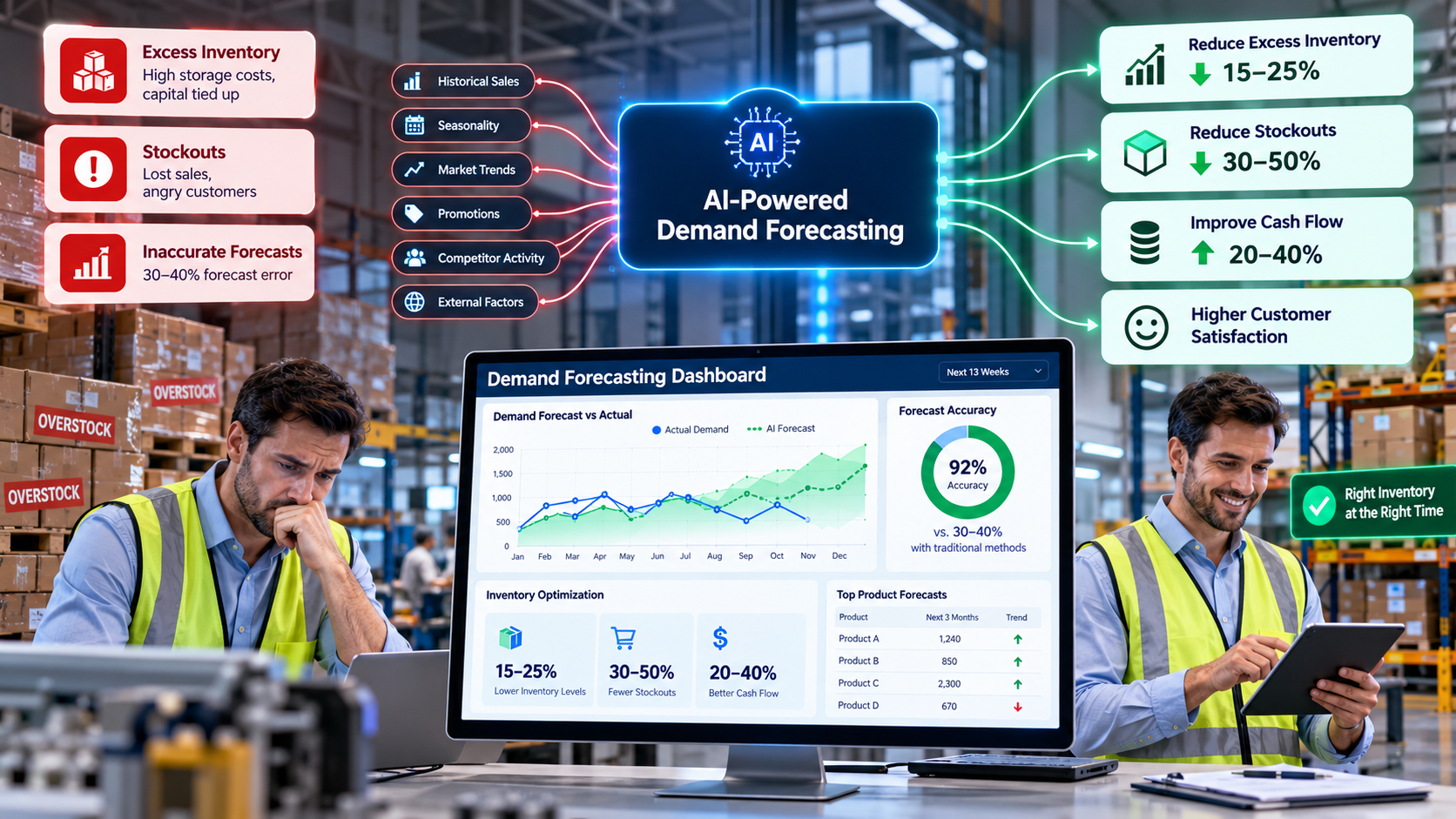 AI-powered demand forecasting dashboard showing inventory reduction, stockout prevention, and 92% accuracy with machine learning inputs