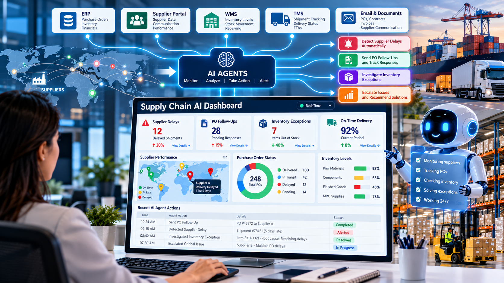 Supply chain AI agents monitoring dashboard showing supplier delays, PO follow-ups, inventory exceptions, and real-time metrics with ERP, WMS, TMS, and supplier portal integration